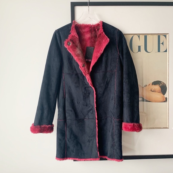 Save The Queen Eco Shearling Jacket Black Small - Picture 2 of 14